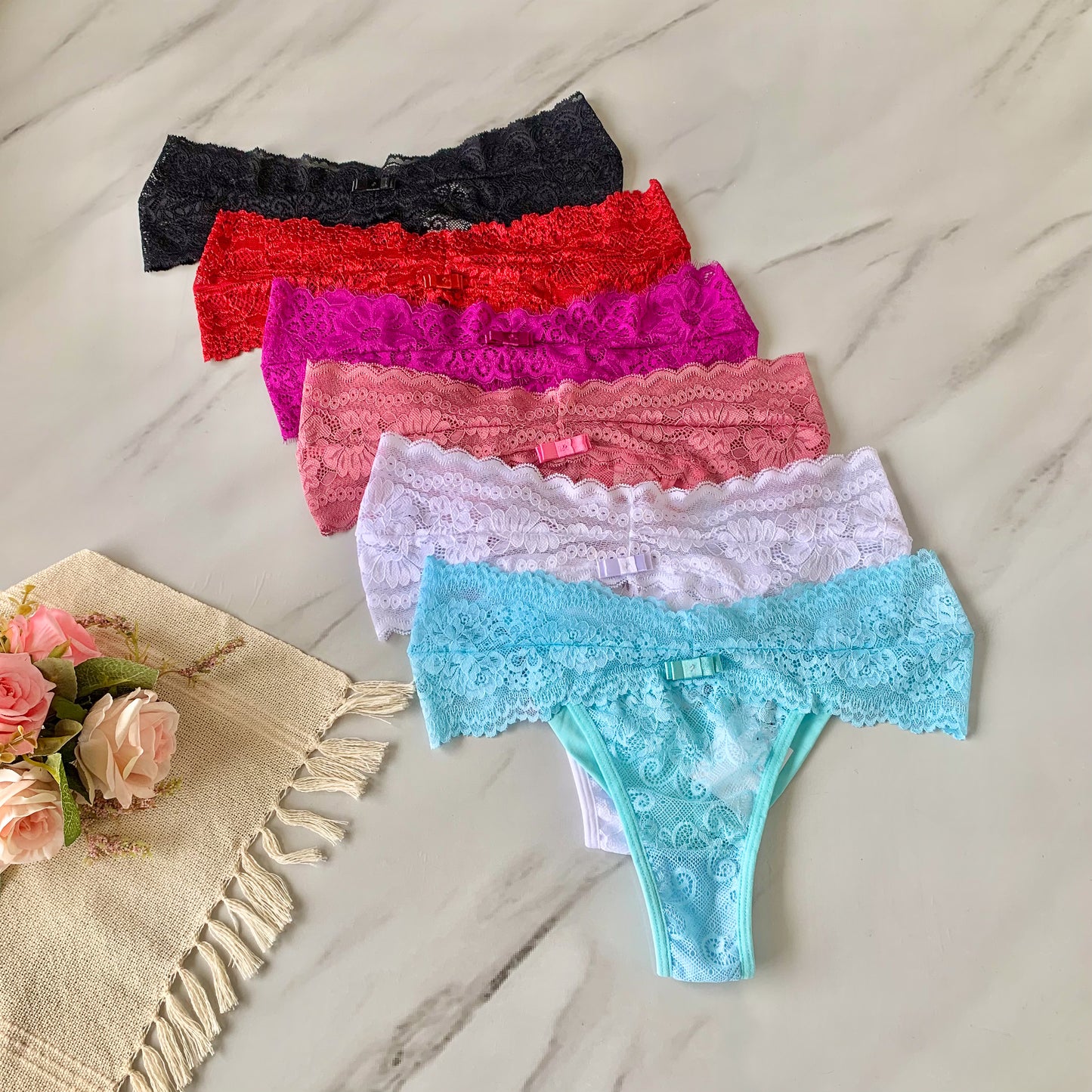 DOUBLE-STRING MICROFIBER THONG WITH LACE FRONT