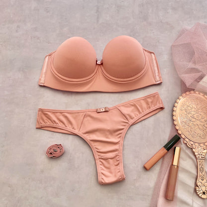 BASIC STRAPLESS BRA WITH REMOVABLE STRAPS, DOUBLE-STRING THONG